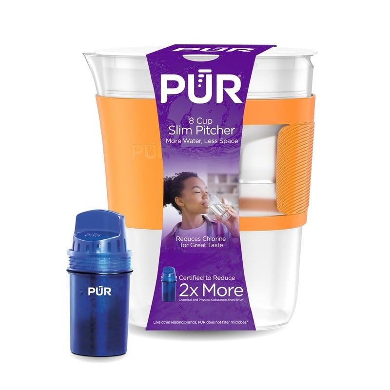 Pur Slim Water Filter Pitcher, 8-Cup Capacity, Compact Design for Dorms & Mini Fridges, Dishwasher Safe, Fast Filtration, Includes 1 Filter, Cleaner Great-Tasting Drinking Water, Tangerine - Image 1